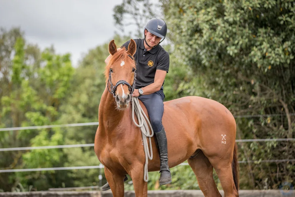 Mark Weedon riding a chestnut horse in a rope halter